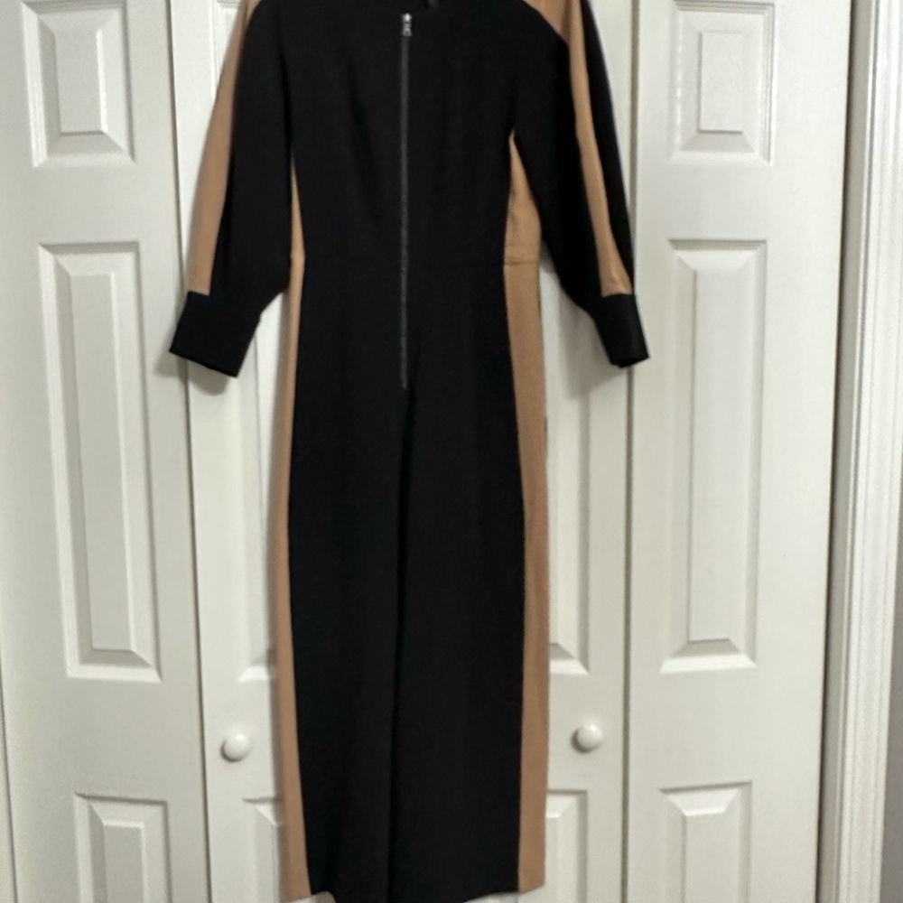 BCBG MazAzria Chic Black and Tan Cropped Jumpsuit